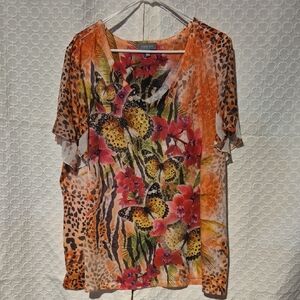 3X Essentials Bohemian Multicolor Butterfly Floral Blouse With Butterfly Sleeves